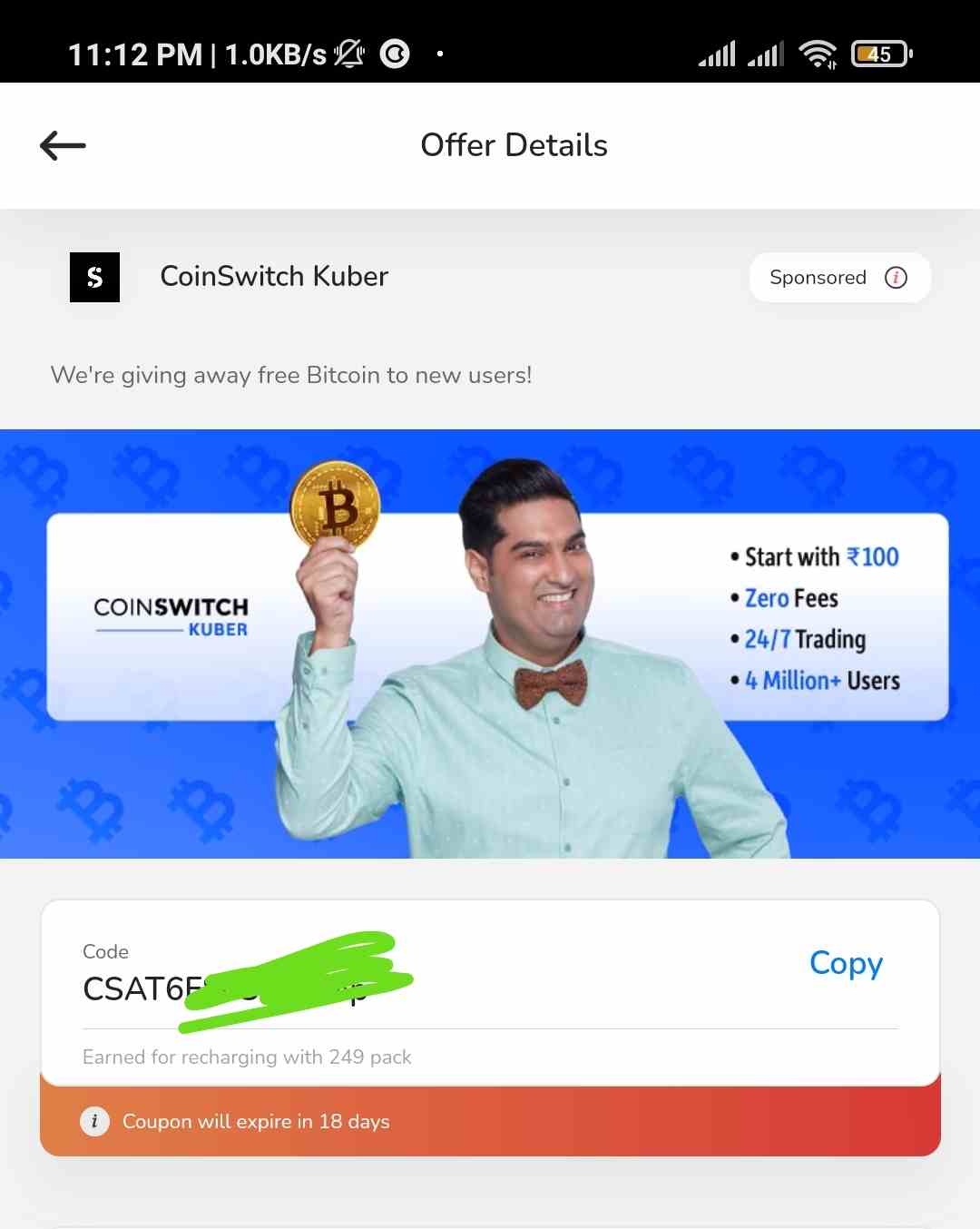 Airtel Thanks CoinSwitch Kuber Coupon Free - GET ₹100 ...