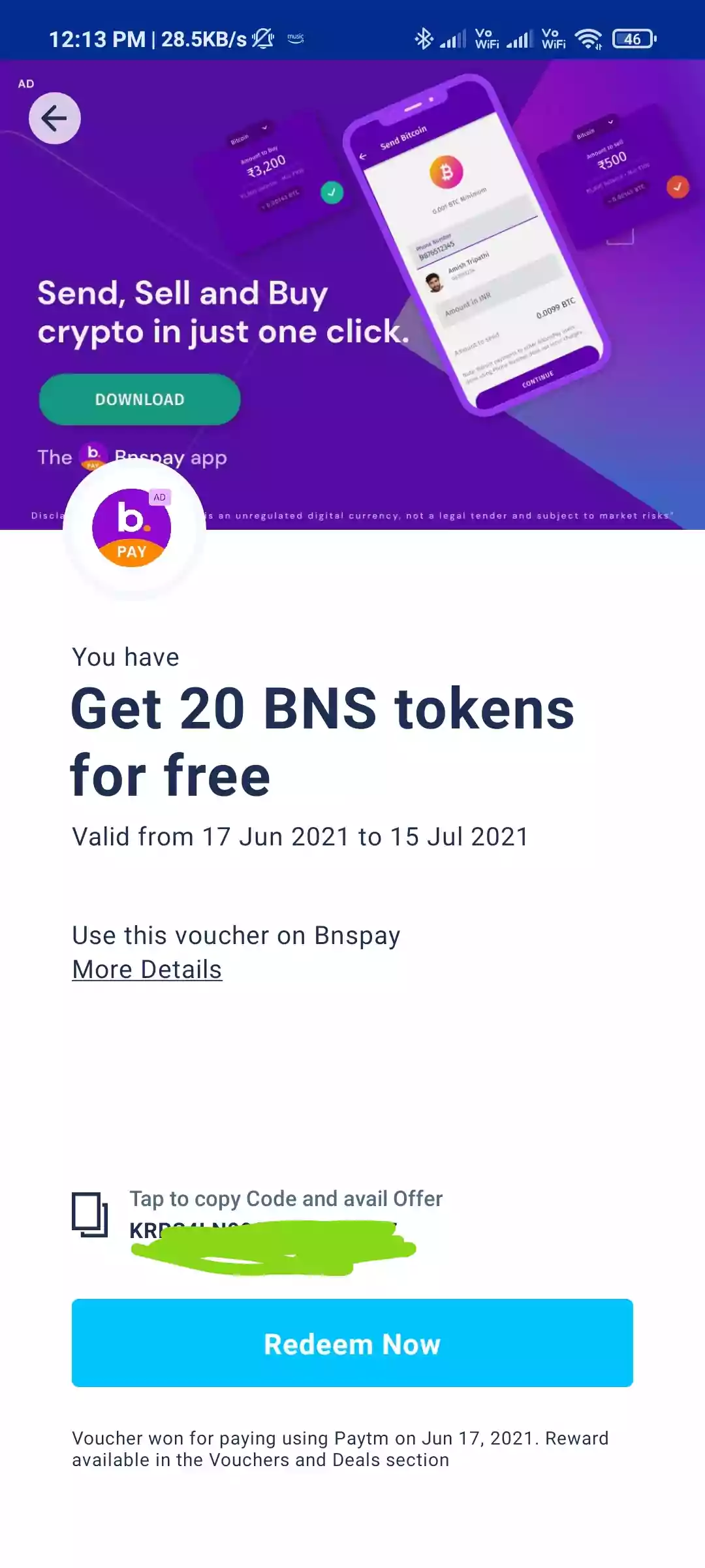 Paytm BnsPay Free Tokens