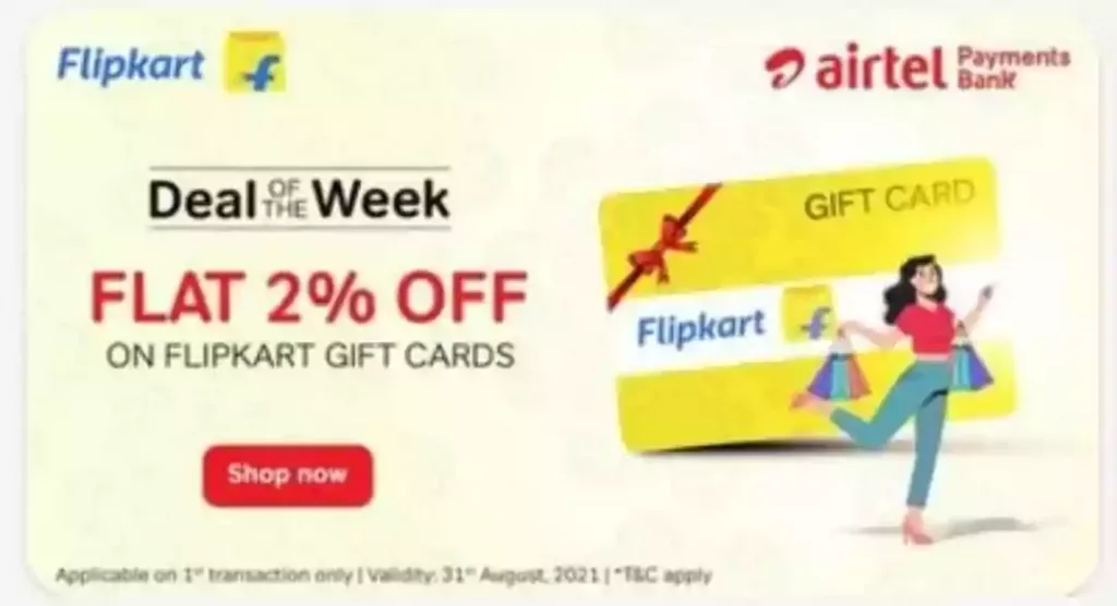 Flipkart Gift Card at Flat 2% Off upto 250 on Airtel Thanks app