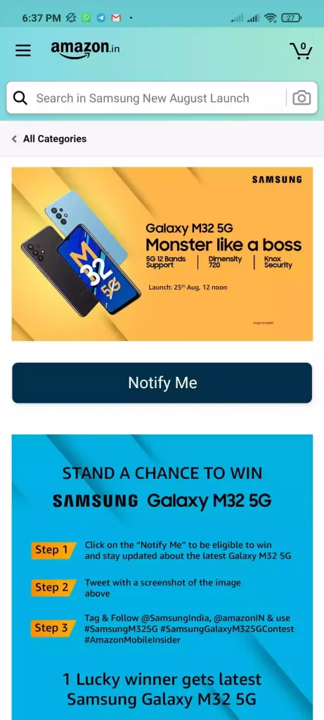 Stand A Chance to Win Samsung Galaxy M32 5G for Twitter Amazon