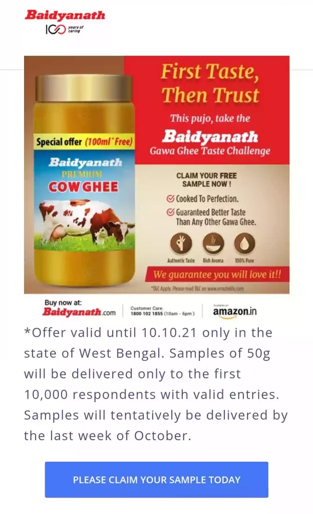 Free Sample Baidyanath Premium Cow Ghee