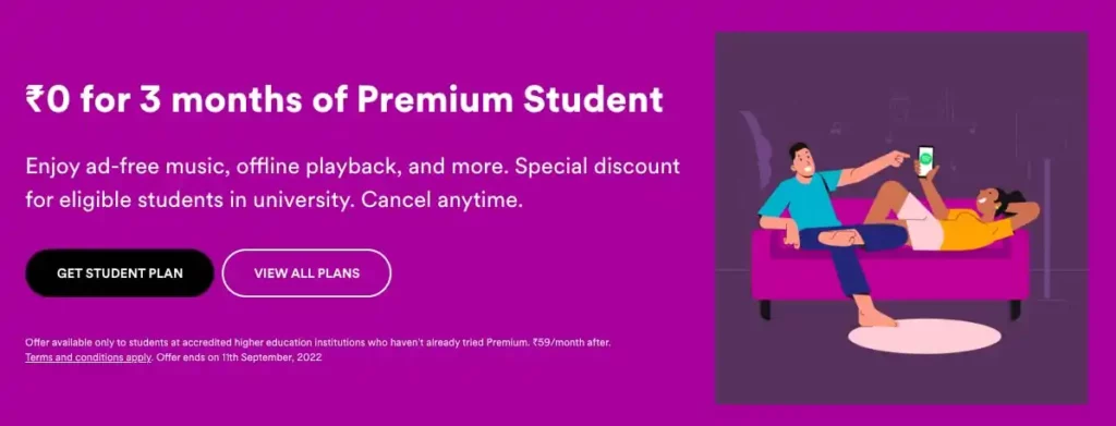 Zero ₹0 for 3 months of Premium Student Plan Spotify Subscription