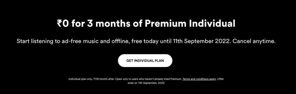Zero ₹0 for 3 months of Premium Individual Plan Spotify Subscription