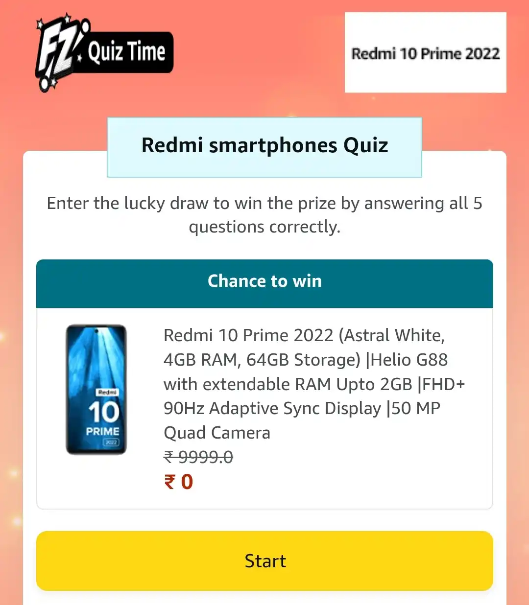 Amazon Redmi smartphones Quiz Answers Win Redmi 10 Prime