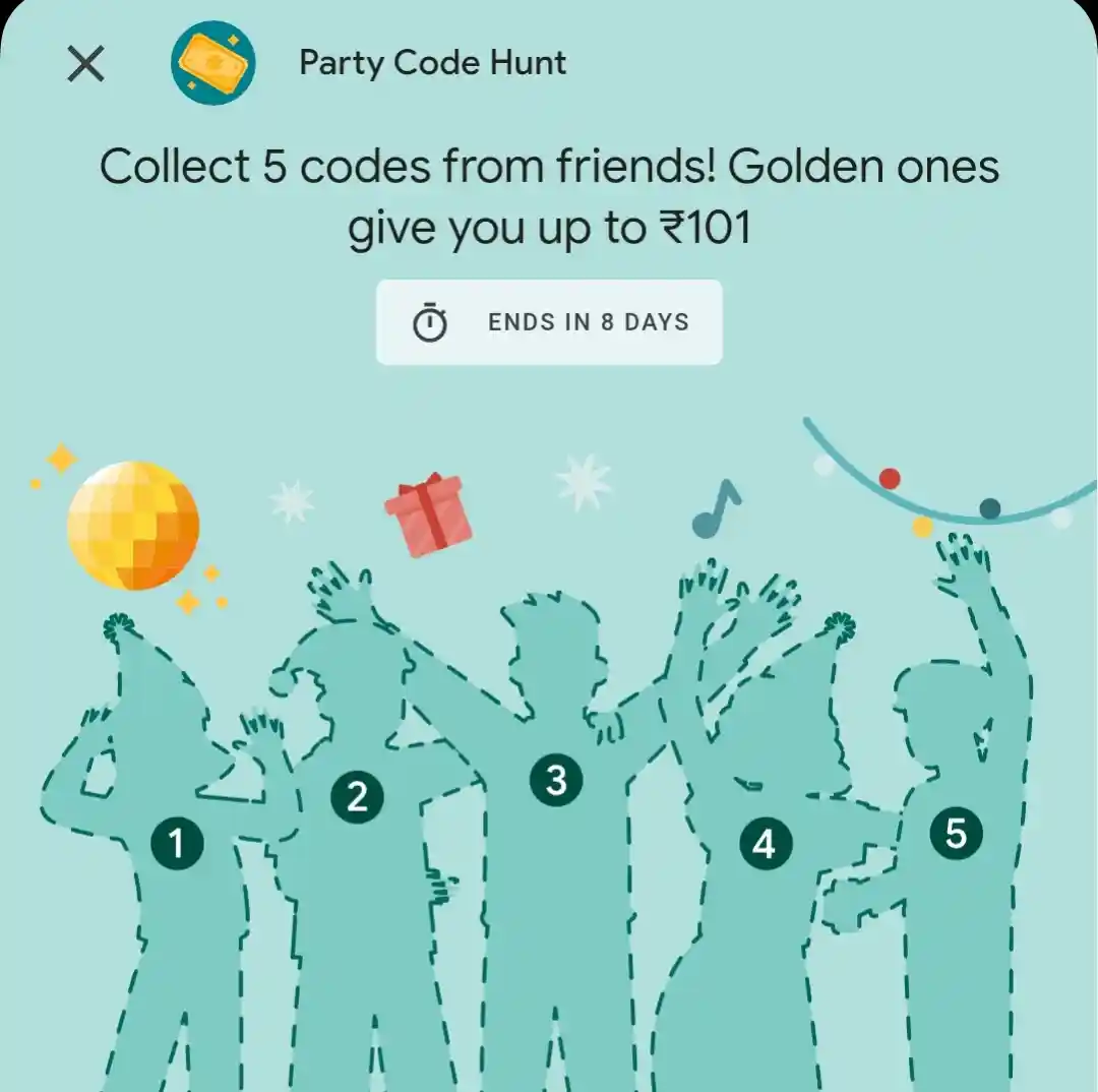[Update] Google Pay Party Code Hunt - Collect 5 Codes & Get ₹101 Cashback