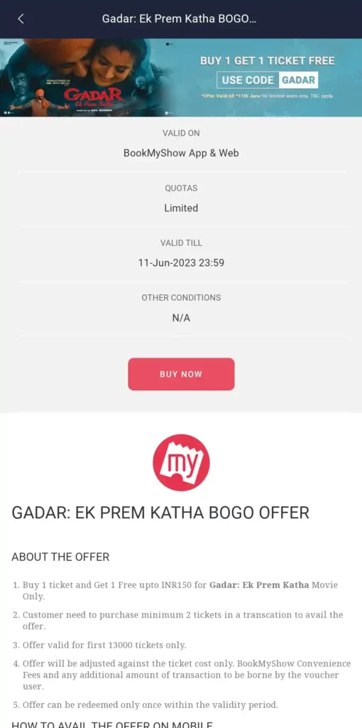 Buy 1 Get 1 Ticket Free Bookmyshow Gadar: Ek Prem Katha Movie Voucher